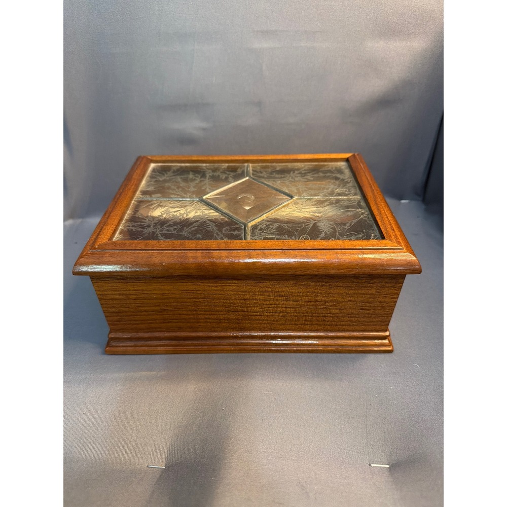 Vintage Reuge Swiss Music Box Dancer Wood Jewelry Box Frosted Leaded Glass Lid
